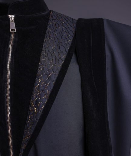 A Charcoal Black, Vehicular Lapelled with Zip Line Flap & Velvet Mix Embroidery Design Details Agbada.