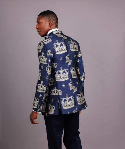 A Navy Blue Peak Lapel, Dispersed Crown Metallic Jacquard Tuxedo Suit And Wide Cut Pant Trouser.