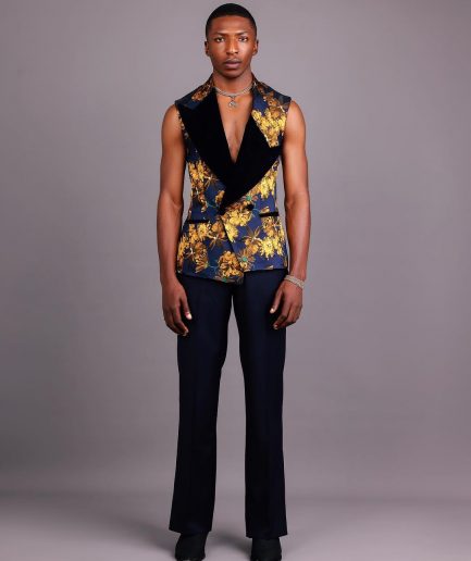 A “Boomerang” Sleeveless, Adjusted Peak Lapel Floral Jacquard Tuxedo Suit & Wide Cut Pant Trouser.