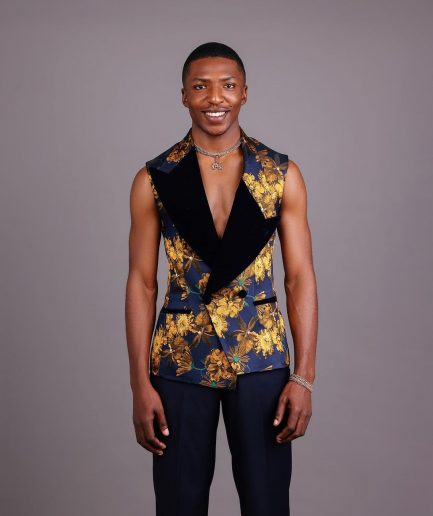 A “Boomerang” Sleeveless, Adjusted Peak Lapel Floral Jacquard Tuxedo Suit & Wide Cut Pant Trouser.