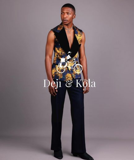 A “Boomerang” Sleeveless, Adjusted Peak Lapel Floral Jacquard Tuxedo Suit & Wide Cut Pant Trouser.