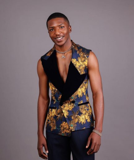 A “Boomerang” Sleeveless, Adjusted Peak Lapel Floral Jacquard Tuxedo Suit & Wide Cut Pant Trouser.