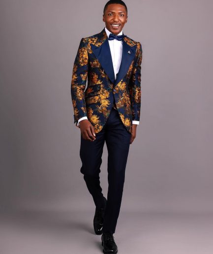 The “Mandarin” Gold, Navy Blue & Red Splashed Jacquard Peak Lapel Suit