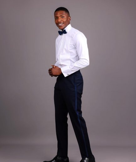 A Straight Cut, Navy Blue, Side Metal Adjuster And Silk Taping Tuxedo Pant
