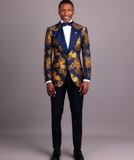The “Mandarin” Gold, Navy Blue & Red Splashed Jacquard Peak Lapel Suit