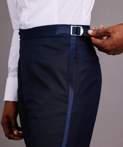 A Straight Cut, Navy Blue, Side Metal Adjuster And Silk Taping Tuxedo Pant