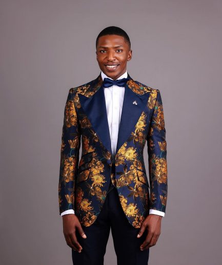 The “Mandarin” Gold, Navy Blue & Red Splashed Jacquard Peak Lapel Suit