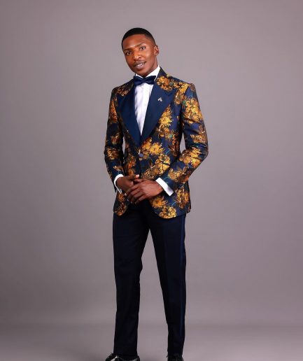 The “Mandarin” Gold, Navy Blue & Red Splashed Jacquard Peak Lapel Suit