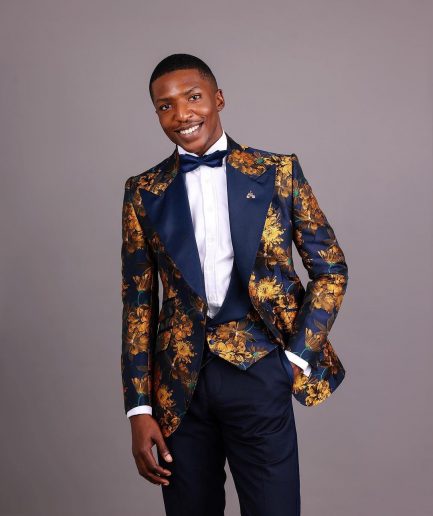 The “Mandarin” Gold, Navy Blue & Red Splashed Jacquard Peak Lapel Suit