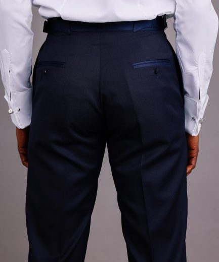 A Straight Cut, Navy Blue, Side Metal Adjuster And Silk Taping Tuxedo Pant