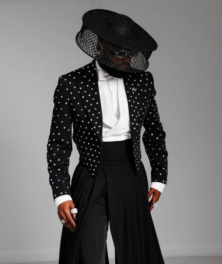 The ''Prince” Charcoal Black Short Peak Lapel Suit With ss30 Swarovski Stones, Double-breasted Waistcoat, High Pant Trousers & Pleated Long Tail Skirt.