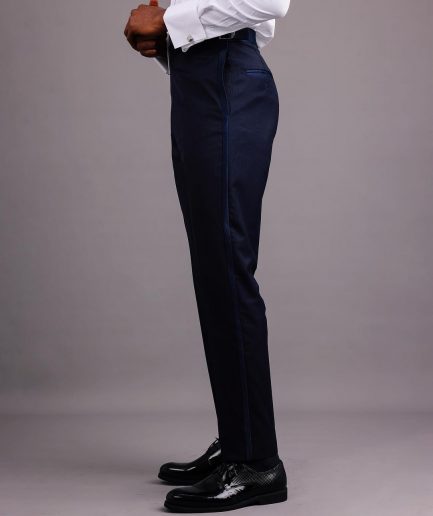 A Straight Cut, Navy Blue, Side Metal Adjuster And Silk Taping Tuxedo Pant