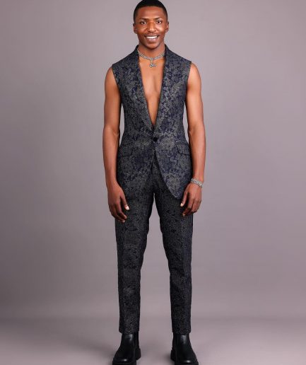 The “Gifted” Navy Blue & Silver Wire Metallic Jacquard Armless Peak Lapel Suit