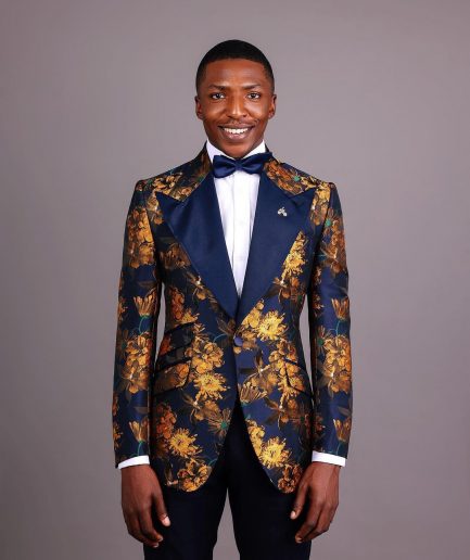 The “Mandarin” Gold, Navy Blue & Red Splashed Jacquard Peak Lapel Suit
