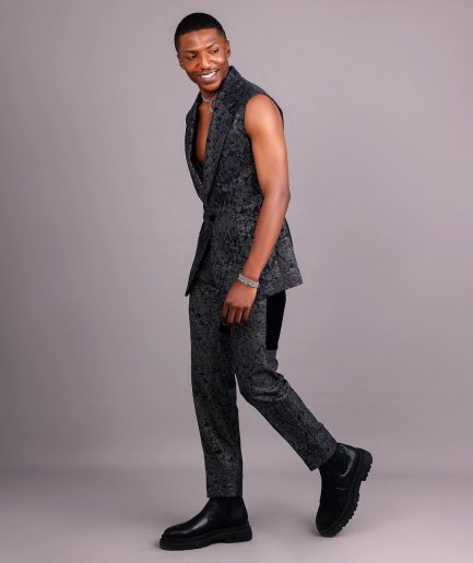 The “Gifted” Navy Blue & Silver Wire Metallic Jacquard Armless Peak Lapel Suit