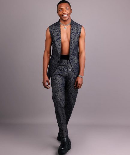 The “Gifted” Navy Blue & Silver Wire Metallic Jacquard Armless Peak Lapel Suit
