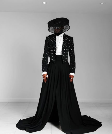 The ''Prince” Charcoal Black Short Peak Lapel Suit With ss30 Swarovski Stones, Double-breasted Waistcoat, High Pant Trousers & Pleated Long Tail Skirt.