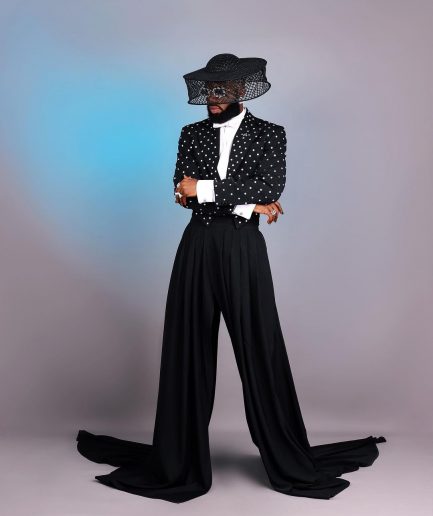 The ''Prince” Charcoal Black Short Peak Lapel Suit With ss30 Swarovski Stones, Double-breasted Waistcoat, High Pant Trousers & Pleated Long Tail Skirt.