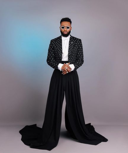 The ''Prince” Charcoal Black Short Peak Lapel Suit With ss30 Swarovski Stones, Double-breasted Waistcoat, High Pant Trousers & Pleated Long Tail Skirt.