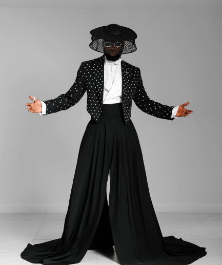 The ''Prince” Charcoal Black Short Peak Lapel Suit With ss30 Swarovski Stones, Double-breasted Waistcoat, High Pant Trousers & Pleated Long Tail Skirt.