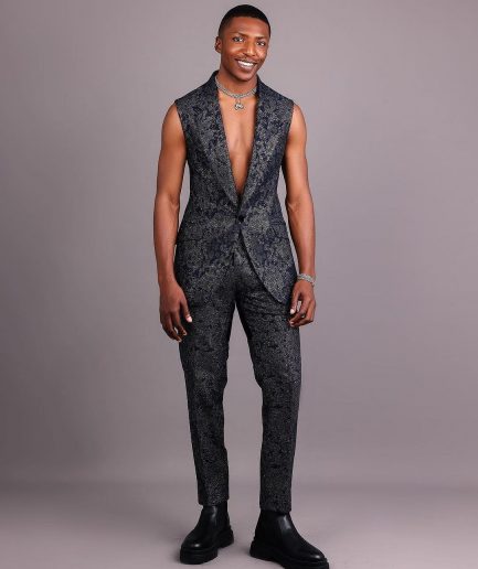 The “Gifted” Navy Blue Half-Cut Jacket & Silver Wire Metallic Jacquard Armless Peak Lapel Suit