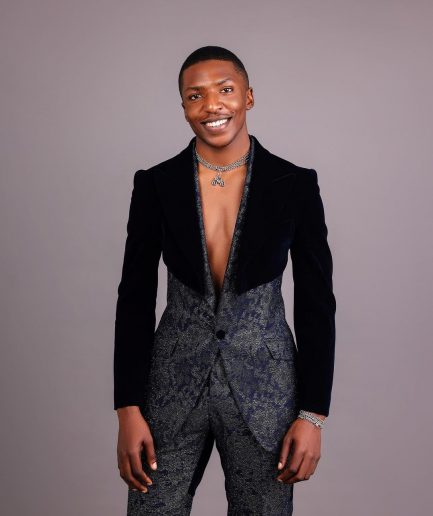 The “Gifted” Navy Blue Half-Cut Jacket & Silver Wire Metallic Jacquard Armless Peak Lapel Suit