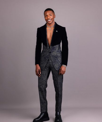 The “Gifted” Navy Blue Half-Cut Jacket & Silver Wire Metallic Jacquard Armless Peak Lapel Suit