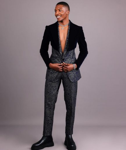 The “Gifted” Navy Blue Half-Cut Jacket & Silver Wire Metallic Jacquard Armless Peak Lapel Suit