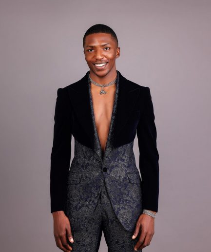The “Gifted” Navy Blue Half-Cut Jacket & Silver Wire Metallic Jacquard Armless Peak Lapel Suit