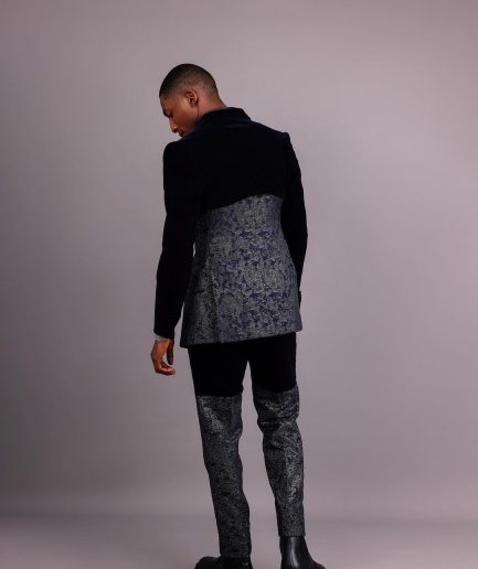 The “Gifted” Navy Blue Half-Cut Jacket & Silver Wire Metallic Jacquard Armless Peak Lapel Suit