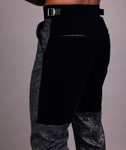 A Navy Blue & Gold Metallic Jacquard Straight-cut Pant with Half-cut Back Panel Velvet Details