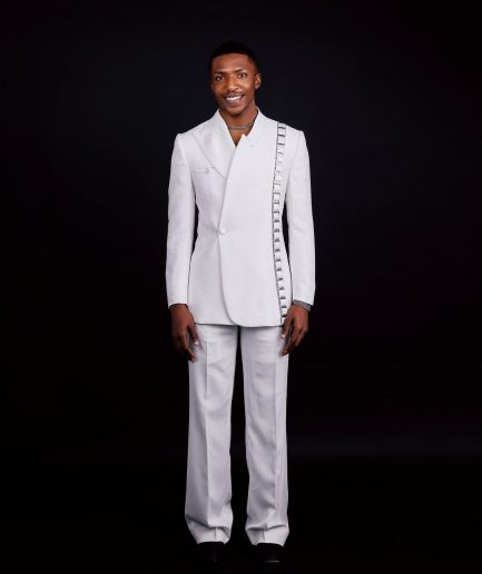 The “Equity” Ivory White Jacquard, Dropped And Point Slack Peak Lapel Suit