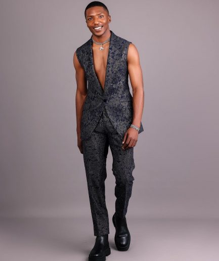 The “Gifted” Navy Blue & Silver Wire Metallic Jacquard Armless Peak Lapel Suit