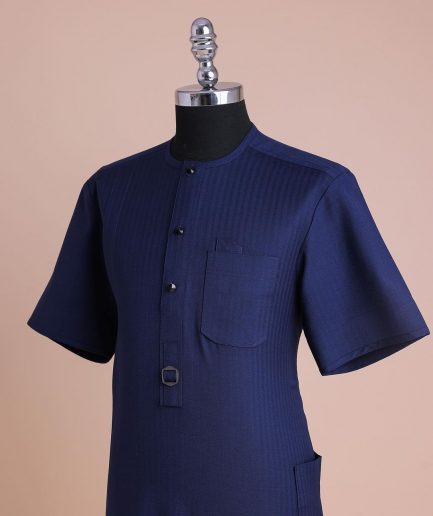 A Light Blue, Invisible Herringbone Stripe, Jorgecarli, Front Flap with Black Swarovski Button, 3/4 Sleeve African Senator Kaftan Native.