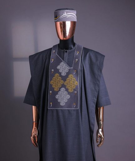 A Grey, Wooven Interconnected Square Details Agbada