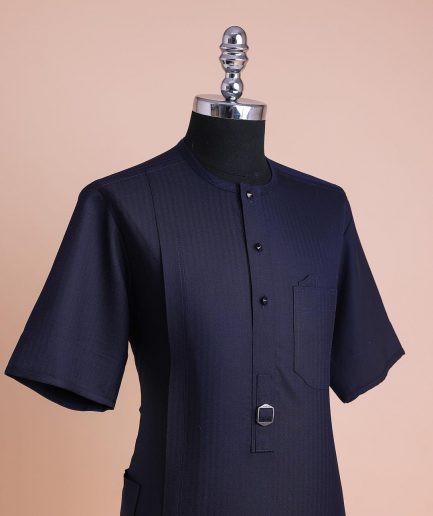 A Midnight Blue, Invisible Herringbone Stripe, Jorgecarli, Front Flap with Black Swarovski Button, 3/4 Sleeve African Senator Kaftan Native.