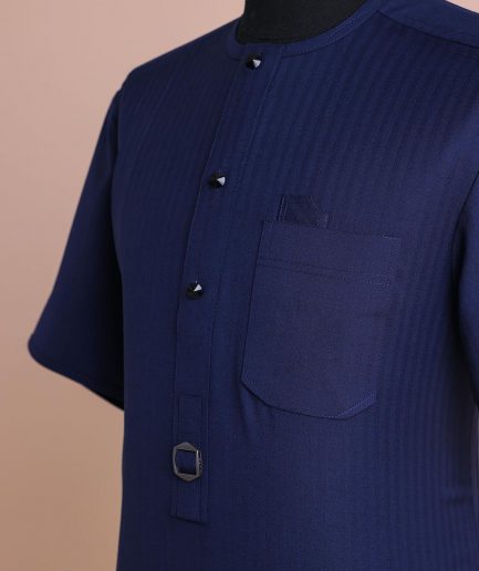 A Light Blue, Invisible Herringbone Stripe, Jorgecarli, Front Flap with Black Swarovski Button, 3/4 Sleeve African Senator Kaftan Native.