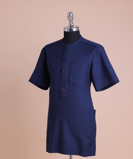 A Light Blue, Invisible Herringbone Stripe, Jorgecarli, Front Flap with Black Swarovski Button, 3/4 Sleeve African Senator Kaftan Native.