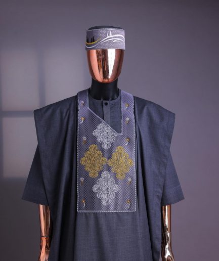 A Grey, Wooven Interconnected Square Details Agbada