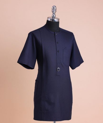 A Midnight Blue, Invisible Herringbone Stripe, Jorgecarli, Front Flap with Black Swarovski Button, 3/4 Sleeve African Senator Kaftan Native.