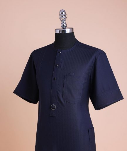 A Midnight Blue, Invisible Herringbone Stripe, Jorgecarli, Front Flap with Black Swarovski Button, 3/4 Sleeve African Senator Kaftan Native.