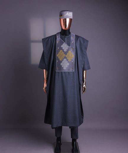 A Grey, Wooven Interconnected Square Details Agbada