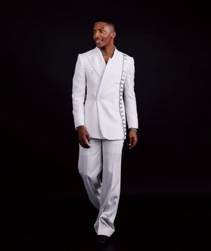 The “Equity” Ivory White Jacquard, Dropped And Point Slack Peak Lapel Suit