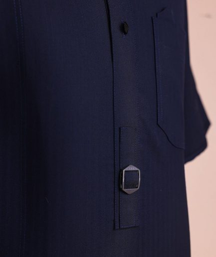 A Midnight Blue, Invisible Herringbone Stripe, Jorgecarli, Front Flap with Black Swarovski Button, 3/4 Sleeve African Senator Kaftan Native.
