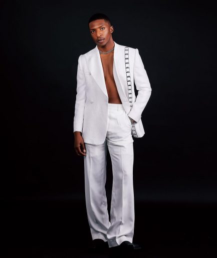 The “Equity” Ivory White Jacquard, Dropped And Point Slack Peak Lapel Suit