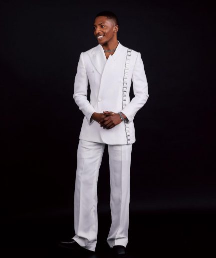 The “Equity” Ivory White Jacquard, Dropped And Point Slack Peak Lapel Suit