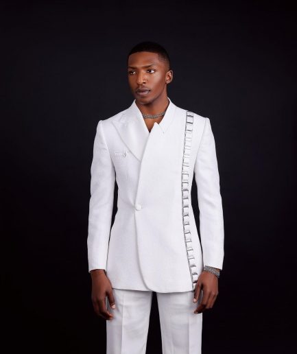 The “Equity” Ivory White Jacquard, Dropped And Point Slack Peak Lapel Suit