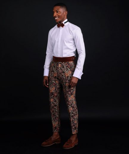 A pencil-cut, brown-mix metallic floral jacquard side strap with metal adjuster pant