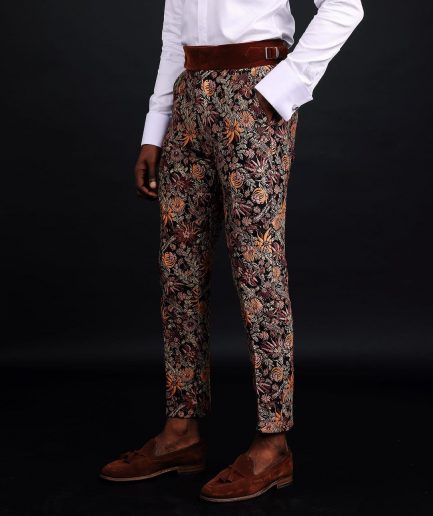 A pencil-cut, brown-mix metallic floral jacquard side strap with metal adjuster pant