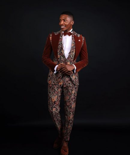 A “Dent” Floral Syrup Brown Metallic Jacquard Peak Quad Lapel Suit, Bow Tie & Gurkha Pant Trousers.